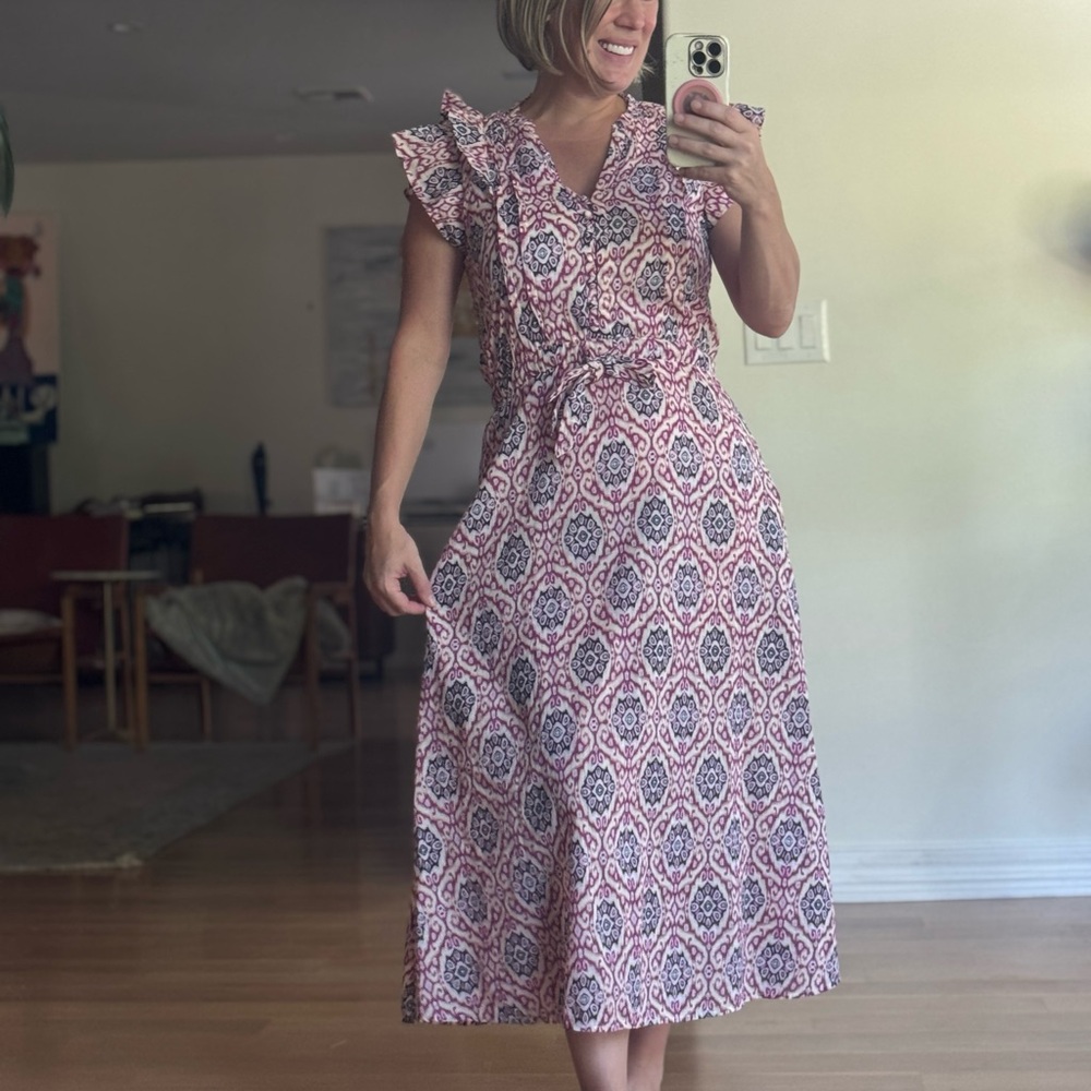 NWT Elan Size Small Fuschia Pink and Blue White Patterned Dress Sleeves Cotton!